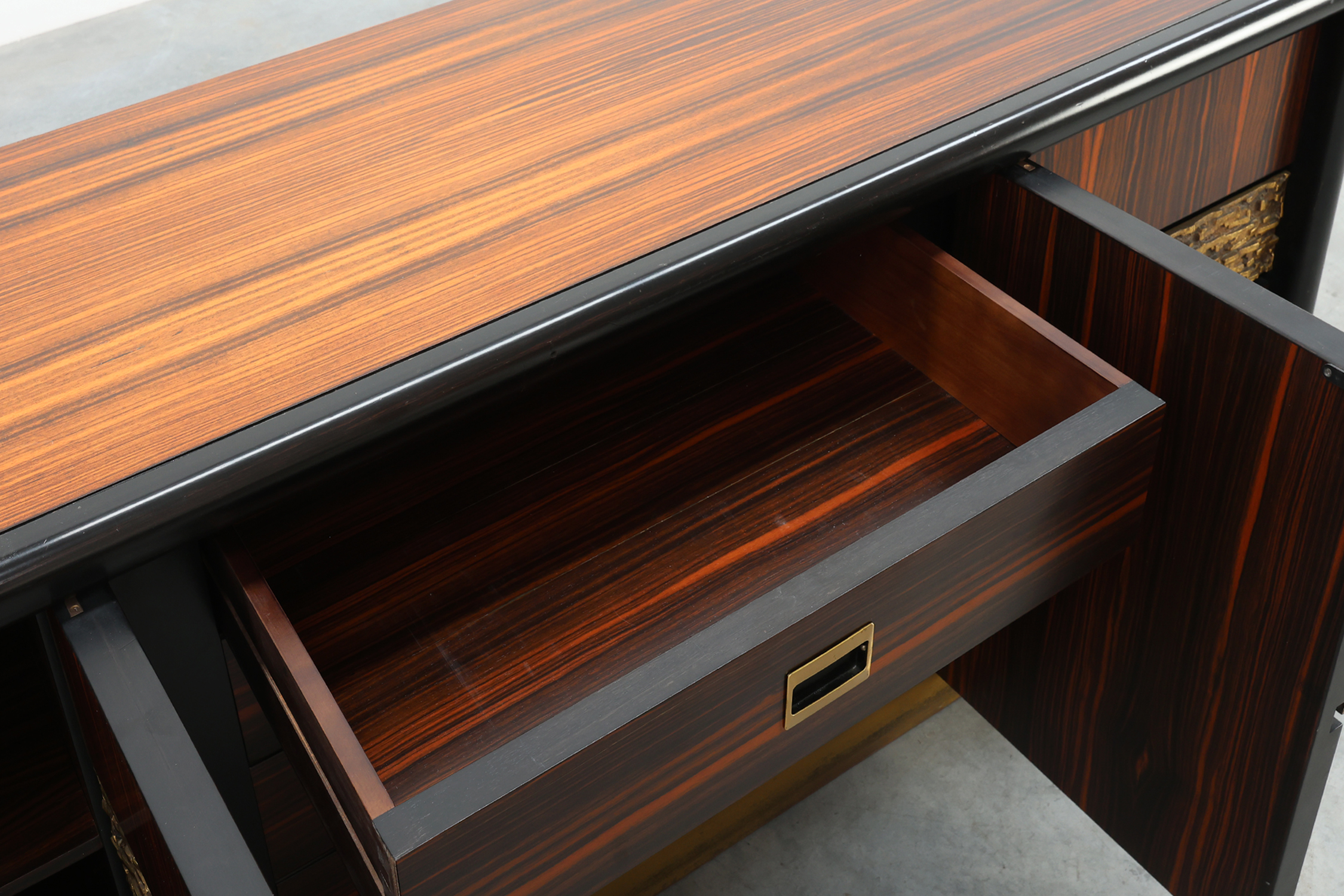 Sculptural wood and Brutalist Brass Credenza by Luciano Frigerio, Italy 1970sthumbnail